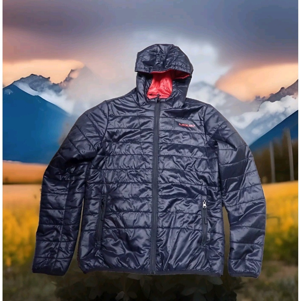 Liquid Puffer Jacket Womens Large Black Excellent Hooded Quilted Full Zip